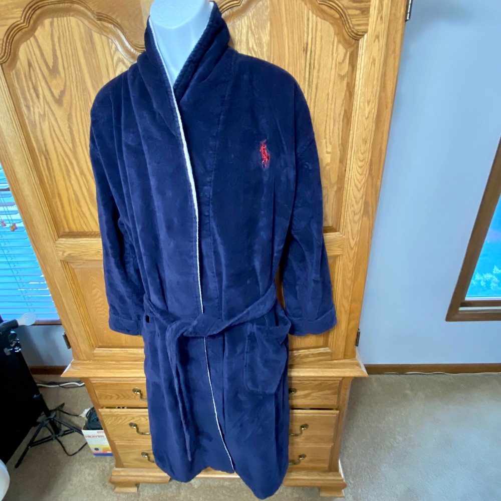 Polo Ralph Lauren VTG Robe Navy Red Fleece Lined Shawl Collar Belted Men OS - Picture 10 of 13